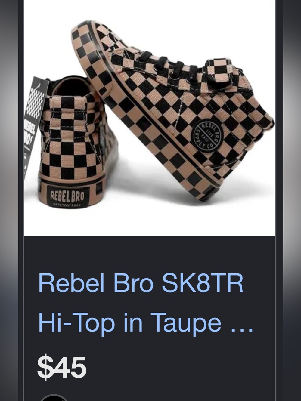 NWT REBELBRO SK8TR Checkerboard Hi-Top Sneakers in Taupe & Black size 11